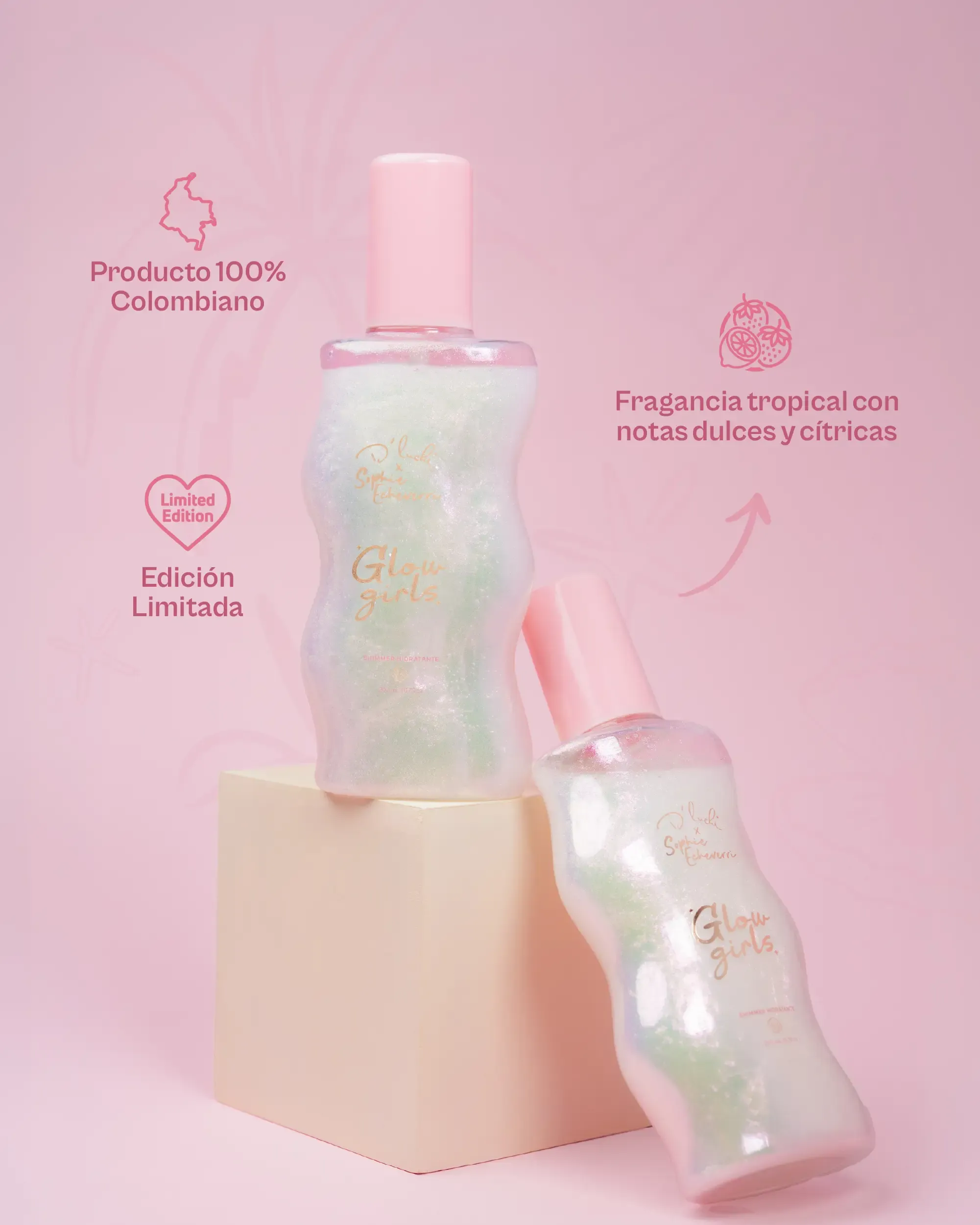 Body Shimmer Glow Girls Sophie Echeverri Hidratante Nacarado Destellos Multicolores y Ácido Hialurónico D'Luchi X200 Ml - Image 5
