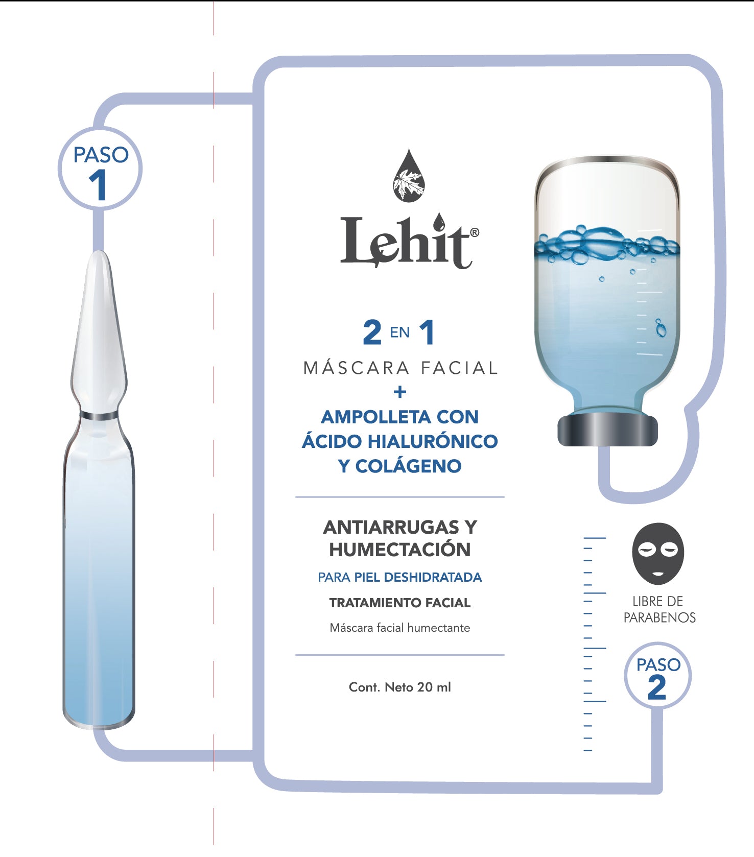 Máscara Facial 2 en 1 X20 Ml + Ampolleta X1,5 Ml - 2 pasos - Mascara Facial Colágeno y Ácido Hialurínico  Lehit Sachet