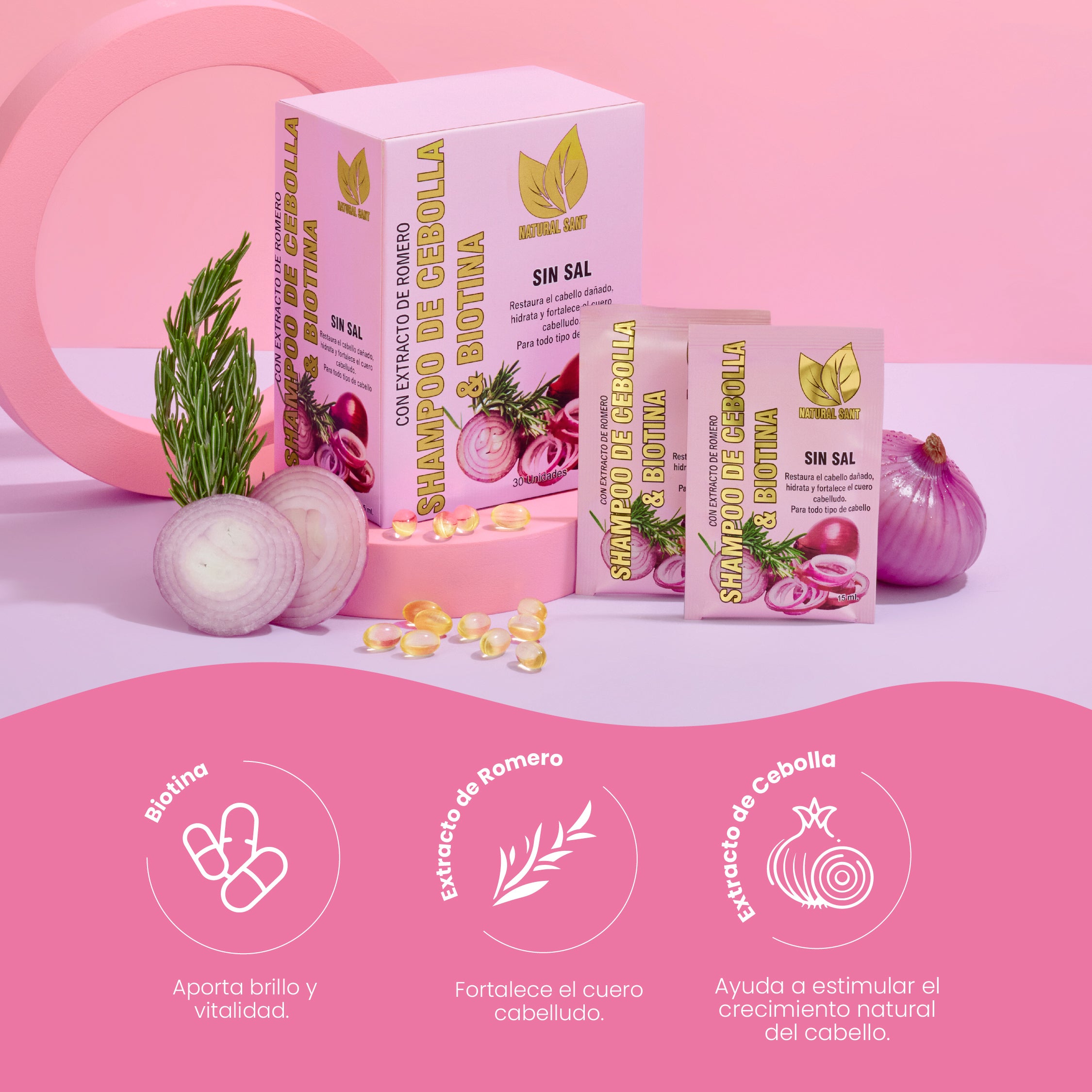 Shampoo De Cebolla, Romero Y
Biotina Sachet X15 Ml C/U Natural Sant - Image 2